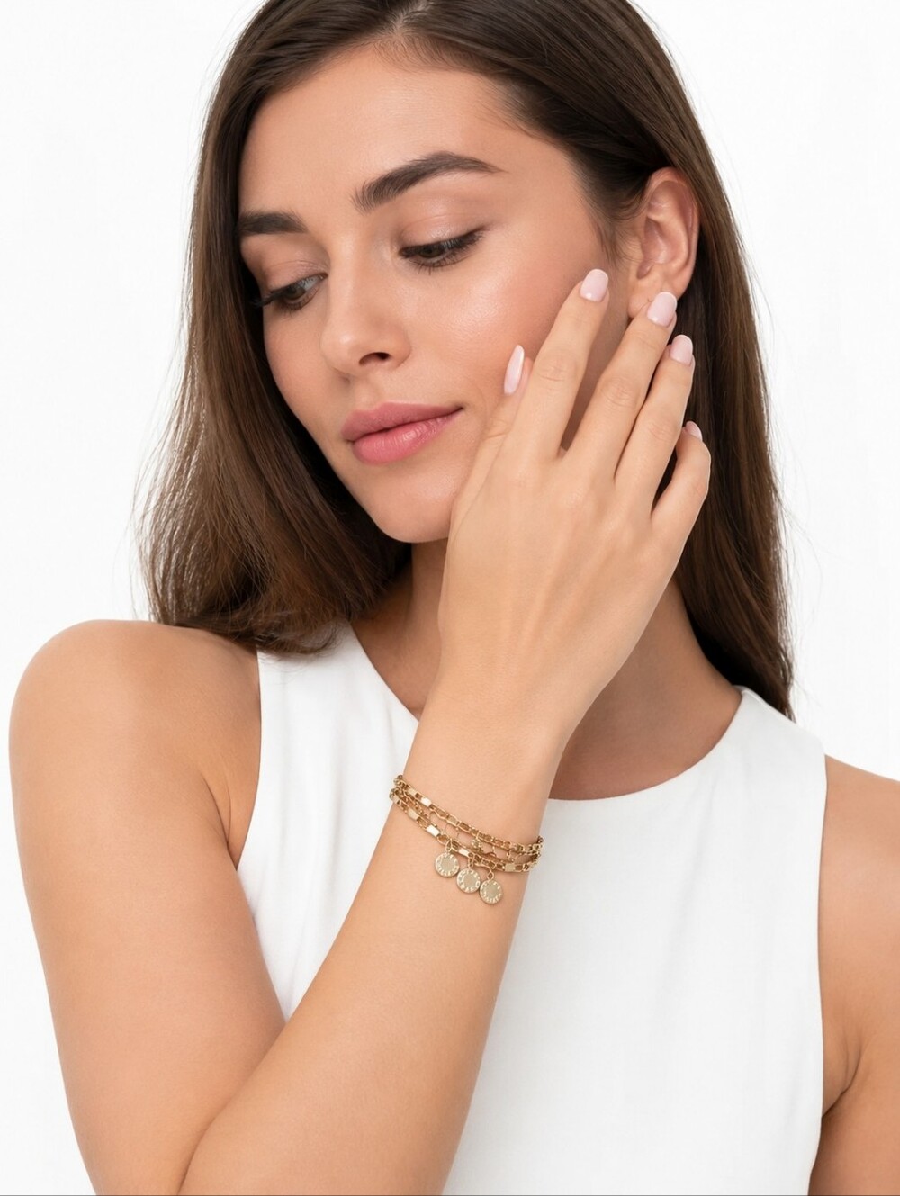 NWT Vince Camuto Gold-Tone Multi-Strand Chain Bracelet with Logo Coin Charms